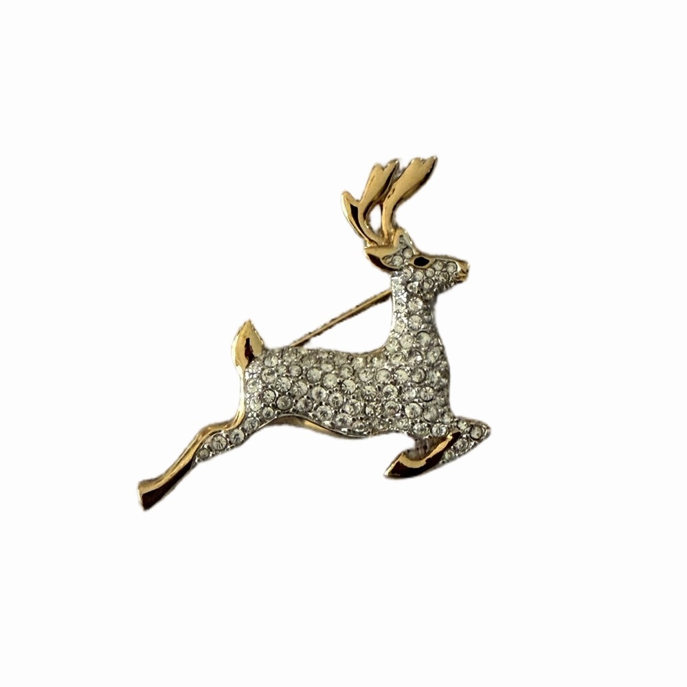 Swarovski Crystal Reindeer Brooch Gold Tone Holiday Christmas Pin